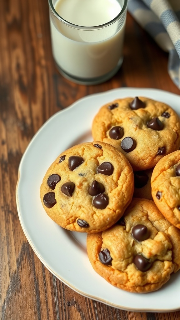 A plate of golden brown chocolate chip cookies with melted chocolate chips, accompanied by a glass of milk.